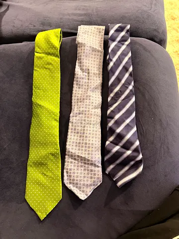 Three mens silk ties (Canali  Tie Rack)- navy stripe, light grey pattern, lime green polka dot