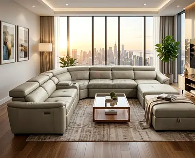 Large Contemporary L-Shaped Leather Sectional Sofa — Light Grey