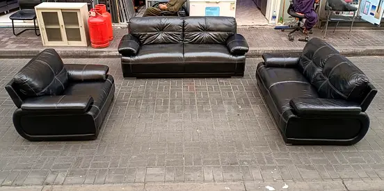 Black Leather 3-Piece Sofa Set – 3 Seater, 2 Seaters (Good Condition)