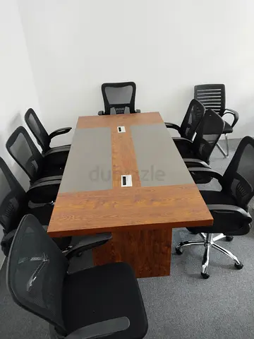 Wooden Meeting Table with 8 Mesh Office Chairs - Good Condition