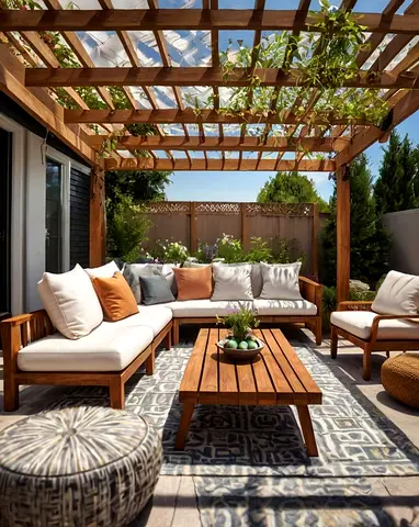 Outdoor Wooden Pergola Seating Set with Cushions and Coffee Table