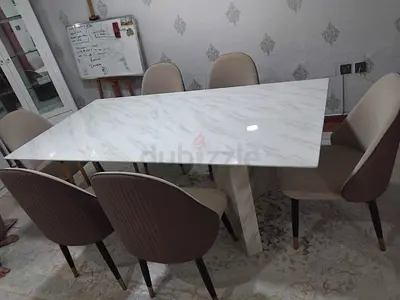 Marble-Top Dining Table with 6 Beige Chairs - Modern Set