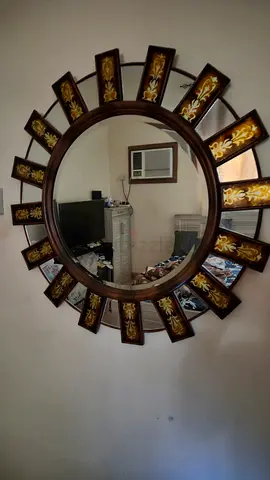 Decorative Round Sunburst Wall Mirror - Wooden Frame