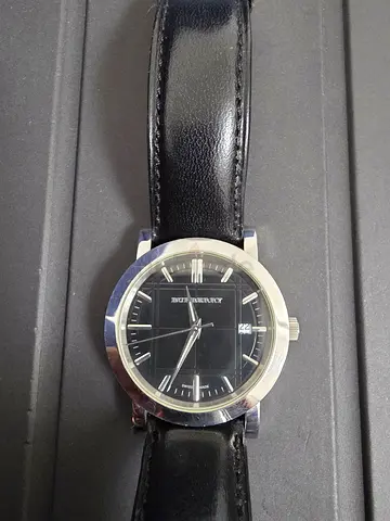 Burberry Black leather strap mens wristwatch with silver case