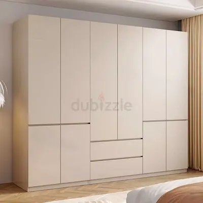 Large Beige Modern Wardrobe with Drawers - 6 Doors