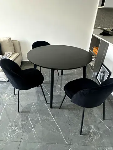 Round Black Dining Table with 3 Velvet Chairs - Compact Set