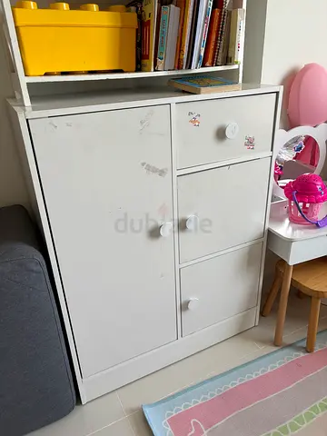 White wooden kids wardrobe / storage cabinet - 3 drawers + cupboard