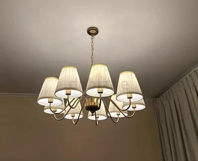 IKEA - 4 pc of 9-arm Brass Chdlr with Cream Fabric Shades. 4 pc of Bamboo lights  1 pc Stand light