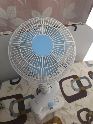 Small White  Blue Clip-on Desk Fan - Good Working Condition