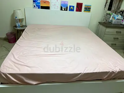 Used Queen Size Bed Frame with Headboard and Mattress (White) - Good Condition