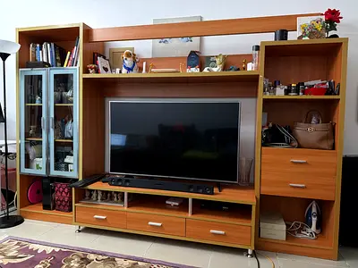 Large Wooden Entertainment Center with Shelves and Drawers - Good Condition