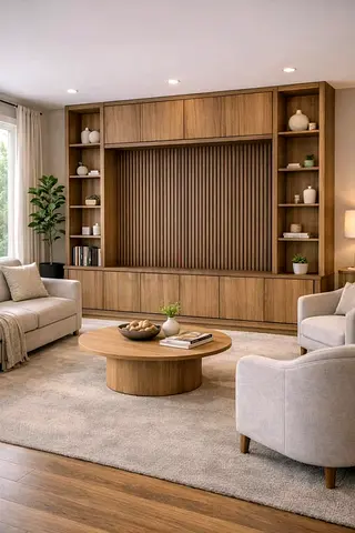 Custom Built-in Wooden Entertainment Wall Unit with Shelves