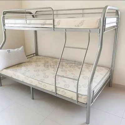 Metal Bunk Bed with Double Base and Ladder - Silver