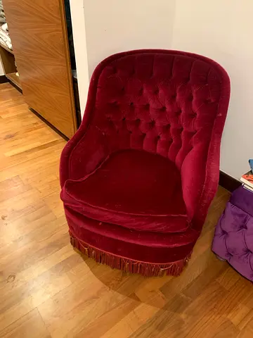 2 Vintage Burgundy Tufted Accent Chairs with Fringe