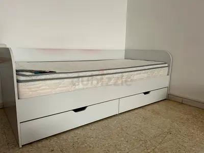White single bed frame with built-in drawers and mattress (excellent condition)