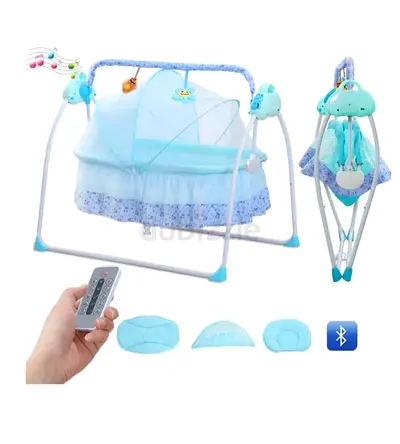 Foldable Baby Swing/Cradle with Remote, Music and Mosquito Net (Light Blue)