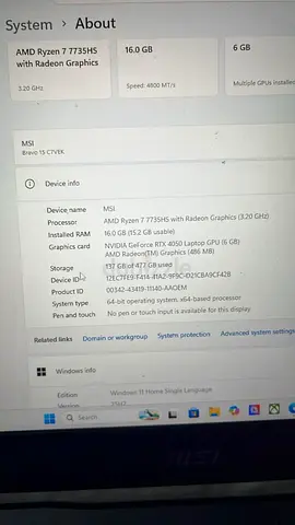 MSI Bravo 15 (Ryzen 7 7735HS, 16GB RAM, RTX 4050) Laptop - Good Condition