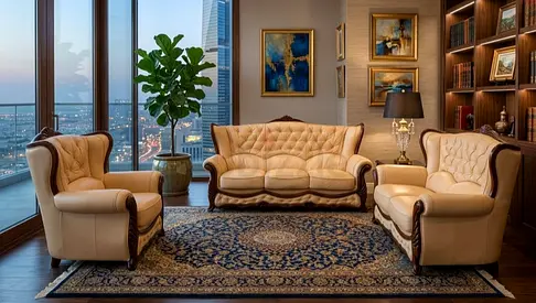 Classic Leather Sofa Set with Two Armchairs and Persian-Style Rug