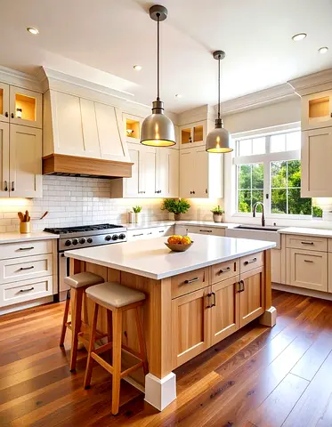 Well-maintained Wooden Kitchen Island with Stools and White Quartz Top