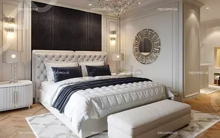 Modern tufted king bed with upholstered headboard and bench — complete bedroom set look