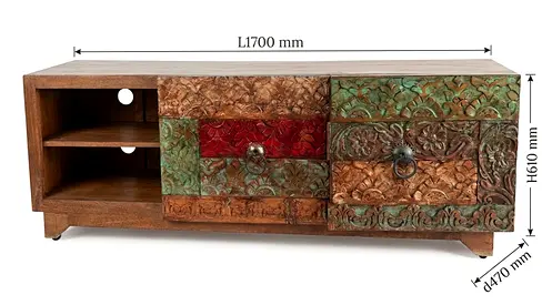Hand-carved Rustic Wooden TV Cabinet with Colorful Drawer Panels (170cm)