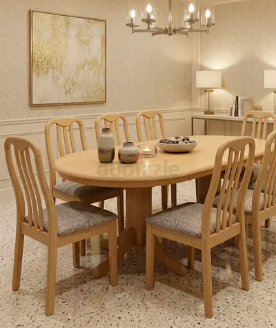 Solid Wood 8-Seater Dining Table with Chairs - Light Oak Finish. طلولة طعام 8 كراسي ممتازة نظيفة خشب