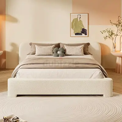 Cream Upholstered King Bed Frame with Curved Headboard (Like New)