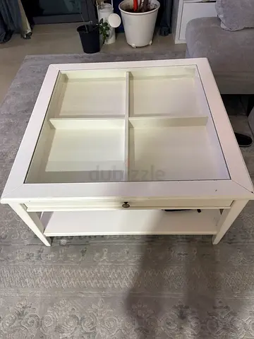 White Wooden Display Cabinet / Side Table with Glass Top