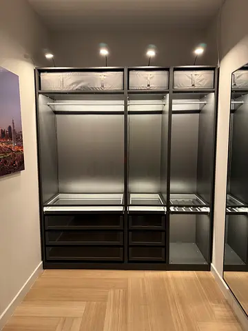 Ikea PAX Wardrobe with glass drawers, hanging sections and lighting