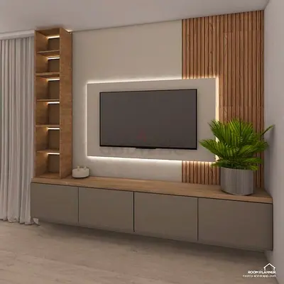 Wall-mounted TV Entertainment Unit with Shelving and LED Backlight
