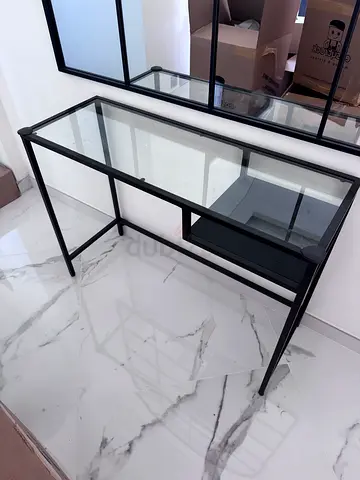 Glass Top Metal Frame Console Table - Modern Black Frame