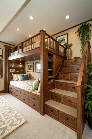 Solid Wood Bunk Bed with Storage Stairs and Drawers - High Quality