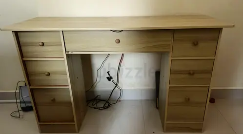 Light wood double-pedestal study desk with drawers