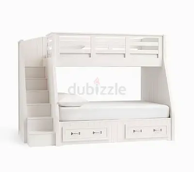 White Wooden Bunk Bed with Stairs and Under-bed Drawers