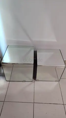 Pair of Mirrored Cube Side Tables / Bedside Tables
