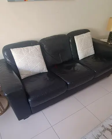 Black 3-Seater Leather Sofa - Used, Comfortable - 2 sets
