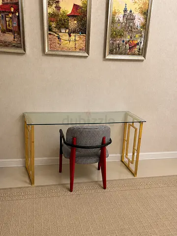 Glass Top Console Table with Gold Geometric Legs
