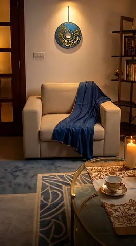 Comfortable Single Armchair with Blue Throw — Good Condition
