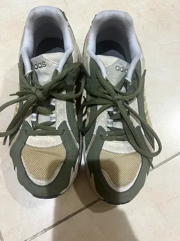 Used adidas beige  olive green sneakers - size unknown, good condition