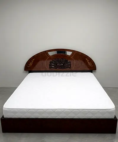 Wooden Double Bed Frame with Decorative Headboard and Mattress and Side Table x2