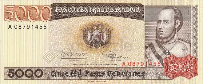 BOLIVIA 5000 BOLIVIANOS BANKNOTE 1984