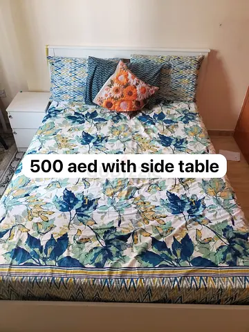 Double Bed with Headboard and Side Table - Good Condition, 400 AED