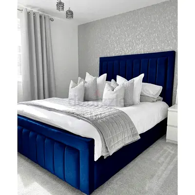 Blue Velvet Upholstered Bed Frame with Padded Headboard - King Size