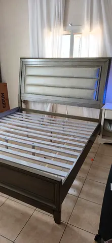 Queen size upholstered bed frame with slatted base - silver finish