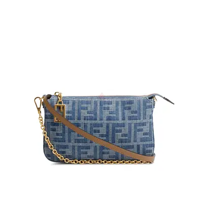 Authentic Fendi Blue Denim Effect Fabric Jacquard FF Baguette Pouch