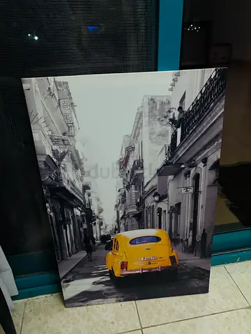 Canvas Wall Art - Vintage Yellow Car on Black  White Street (Ready to Hang)