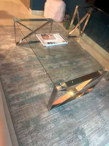 Large modern abstract area rug in muted blue-grey tones - excellent condition