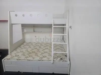 White Wooden Bunk Bed with Storage and Shelves — Good Condition