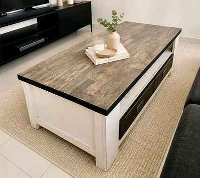Solid Wood Rustic Coffee Table with Storage Drawers
