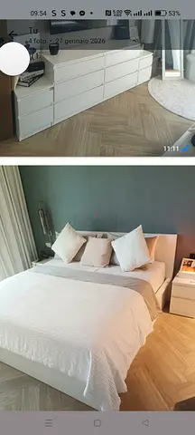 Minimalist white bedroom set – bed, 2 bedside tables and dresser